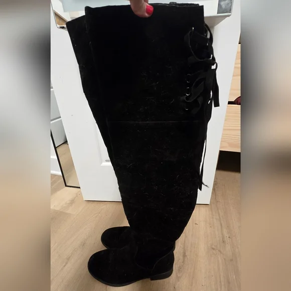 Black Sued Over-the-Knee Boots With Lace Back. Worn Once Size 10 SOLD - Picture 4 of 5